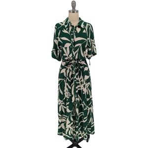 00919 H&M Leaf Maxi Shirtdress Green White size XS preppy Business casual boho